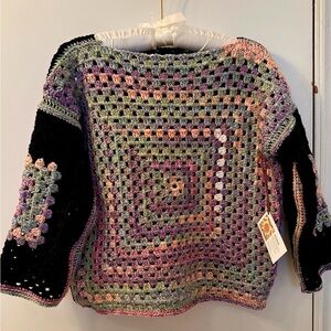 NWT Hand-crocheted Rainbow Sherbet Granny Stitch Crop Sweater. Size M-L